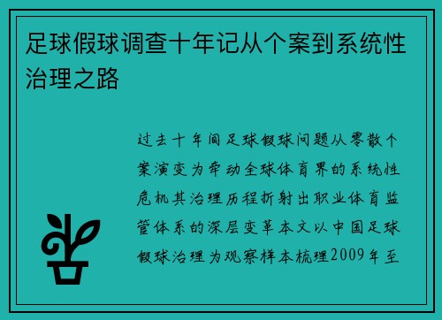 足球假球调查十年记从个案到系统性治理之路